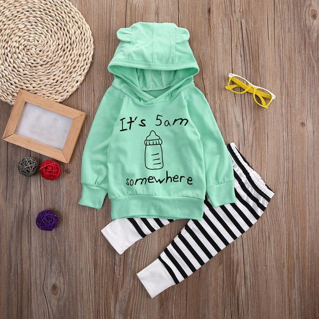 Milk bottle striped hooded ear set Baby boys girls Sweatshirt Tops+Long Pants Outfits Clothes