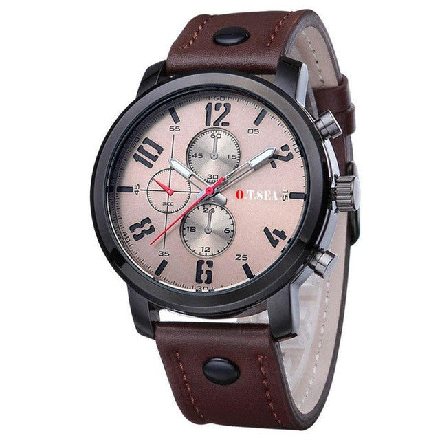 O.T.Sea Brand Hot Men's Sports Quartz Watches Mens Watches Luxury Leather Wristwatches For Men Clock montre homme 2017 #606