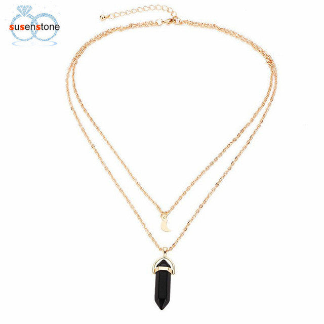 SUSENSTONE Women Multilayer Irregular Crystal Opals Pendant Necklace Choker Chain