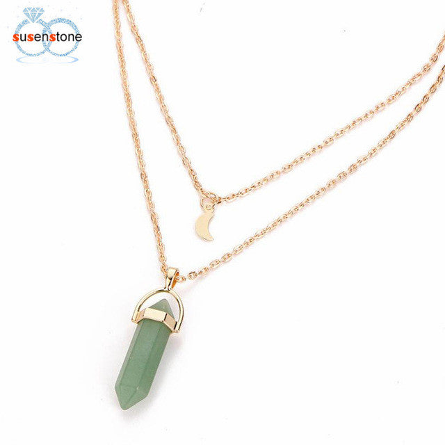 SUSENSTONE Women Multilayer Irregular Crystal Opals Pendant Necklace Choker Chain