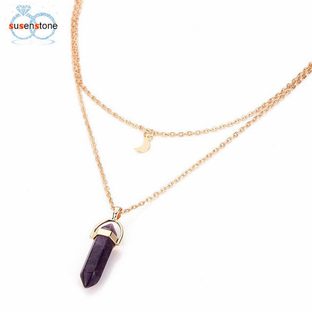 SUSENSTONE Women Multilayer Irregular Crystal Opals Pendant Necklace Choker Chain