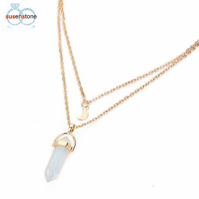 SUSENSTONE Women Multilayer Irregular Crystal Opals Pendant Necklace Choker Chain