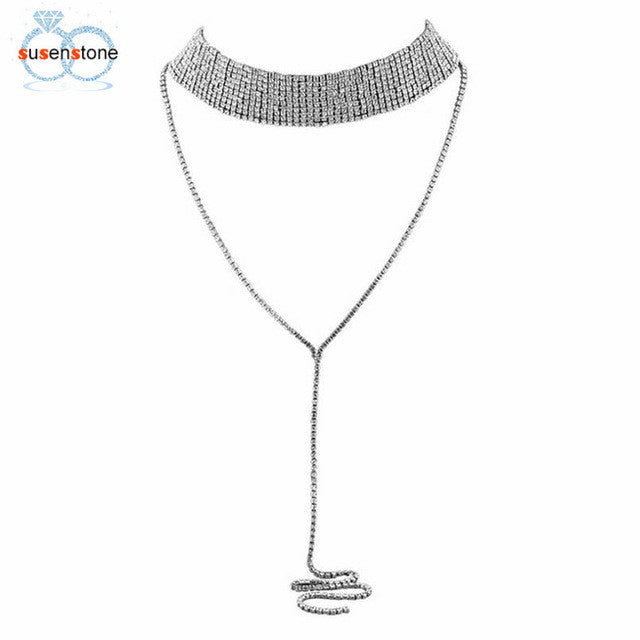 SUSENSTONE Women Tassel Multilayer Full Crystal Rhinestone Necklace Elegant Chain