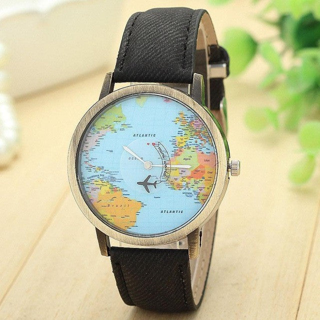 Fashion Watch Woman 2017 PU Leather Global Travel By Plane Map Quartz Wrist watch Women Clock Female Montre Femme