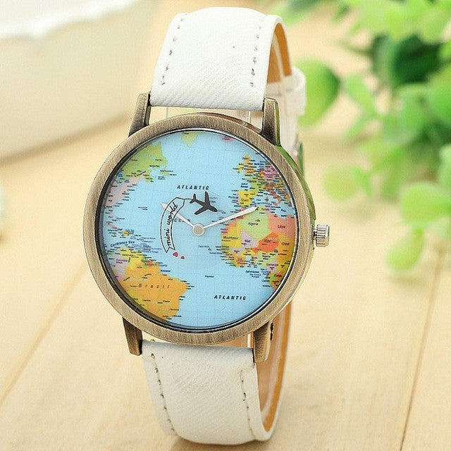 Fashion Watch Woman 2017 PU Leather Global Travel By Plane Map Quartz Wrist watch Women Clock Female Montre Femme