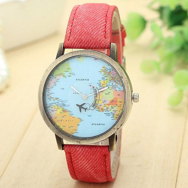 Fashion Watch Woman 2017 PU Leather Global Travel By Plane Map Quartz Wrist watch Women Clock Female Montre Femme