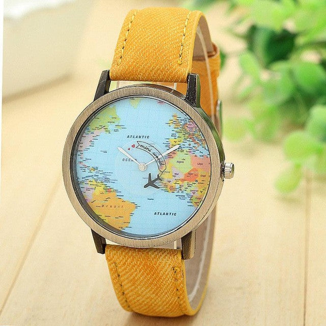 Fashion Watch Woman 2017 PU Leather Global Travel By Plane Map Quartz Wrist watch Women Clock Female Montre Femme