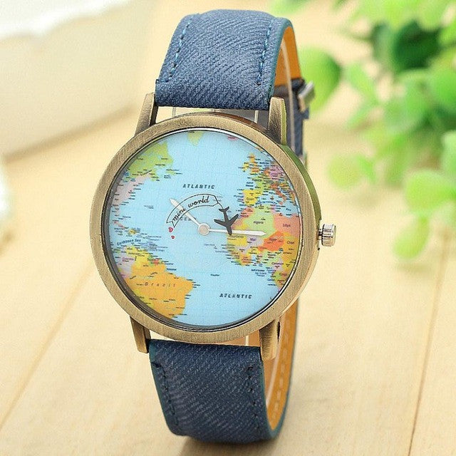 Fashion Watch Woman 2017 PU Leather Global Travel By Plane Map Quartz Wrist watch Women Clock Female Montre Femme