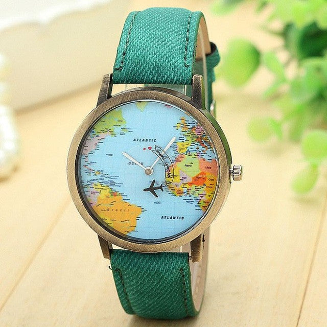 Fashion Watch Woman 2017 PU Leather Global Travel By Plane Map Quartz Wrist watch Women Clock Female Montre Femme