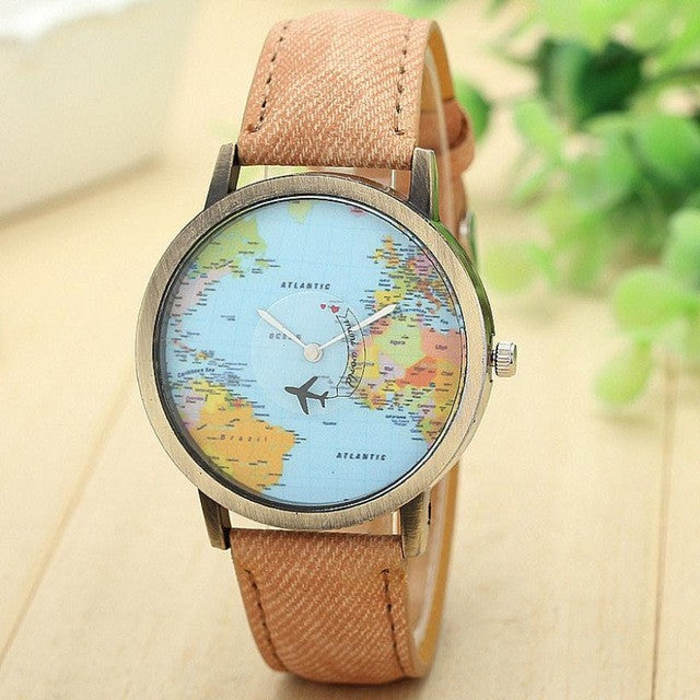 Fashion Watch Woman 2017 PU Leather Global Travel By Plane Map Quartz Wrist watch Women Clock Female Montre Femme