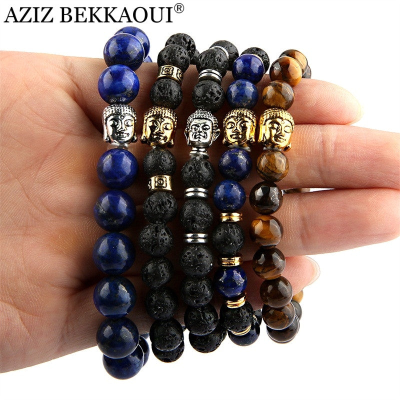 Wholesale Beaded Bracelet Yoga Jewelry Gold Color Buddha Leo Lion Head Bracelet Black Lava Stone Tiger Eye Skull Charm Bracelet