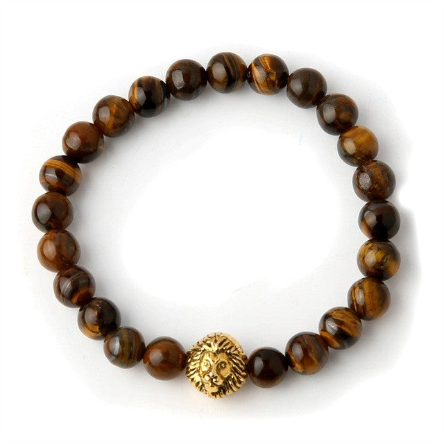 Wholesale Beaded Bracelet Yoga Jewelry Gold Color Buddha Leo Lion Head Bracelet Black Lava Stone Tiger Eye Skull Charm Bracelet