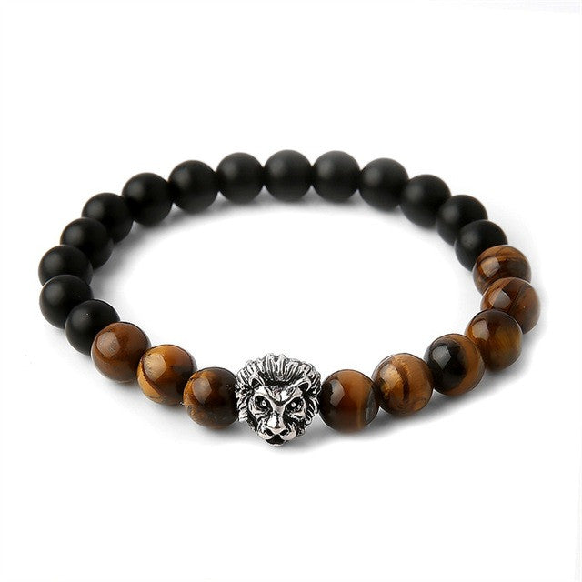 Wholesale Beaded Bracelet Yoga Jewelry Gold Color Buddha Leo Lion Head Bracelet Black Lava Stone Tiger Eye Skull Charm Bracelet