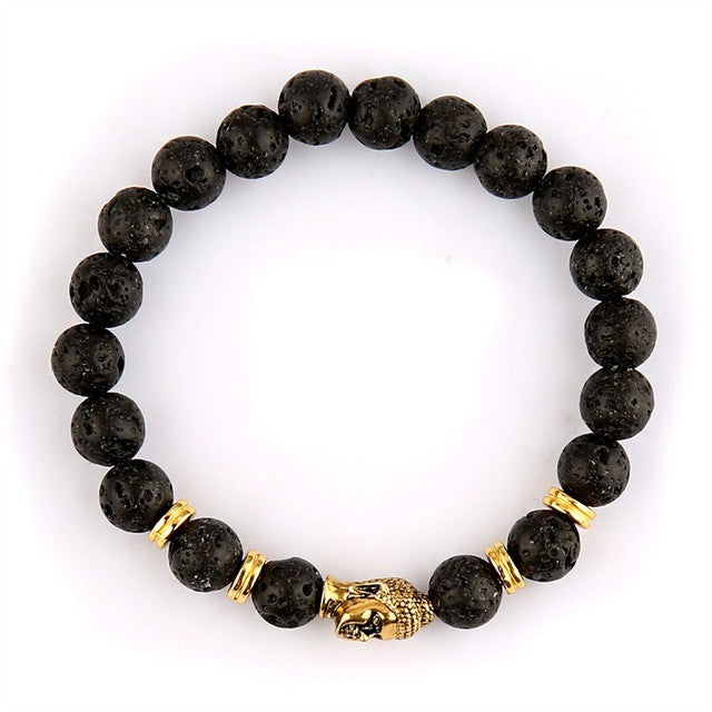 Wholesale Beaded Bracelet Yoga Jewelry Gold Color Buddha Leo Lion Head Bracelet Black Lava Stone Tiger Eye Skull Charm Bracelet