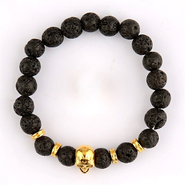 Wholesale Beaded Bracelet Yoga Jewelry Gold Color Buddha Leo Lion Head Bracelet Black Lava Stone Tiger Eye Skull Charm Bracelet