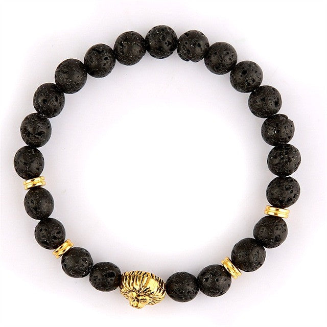 Wholesale Beaded Bracelet Yoga Jewelry Gold Color Buddha Leo Lion Head Bracelet Black Lava Stone Tiger Eye Skull Charm Bracelet