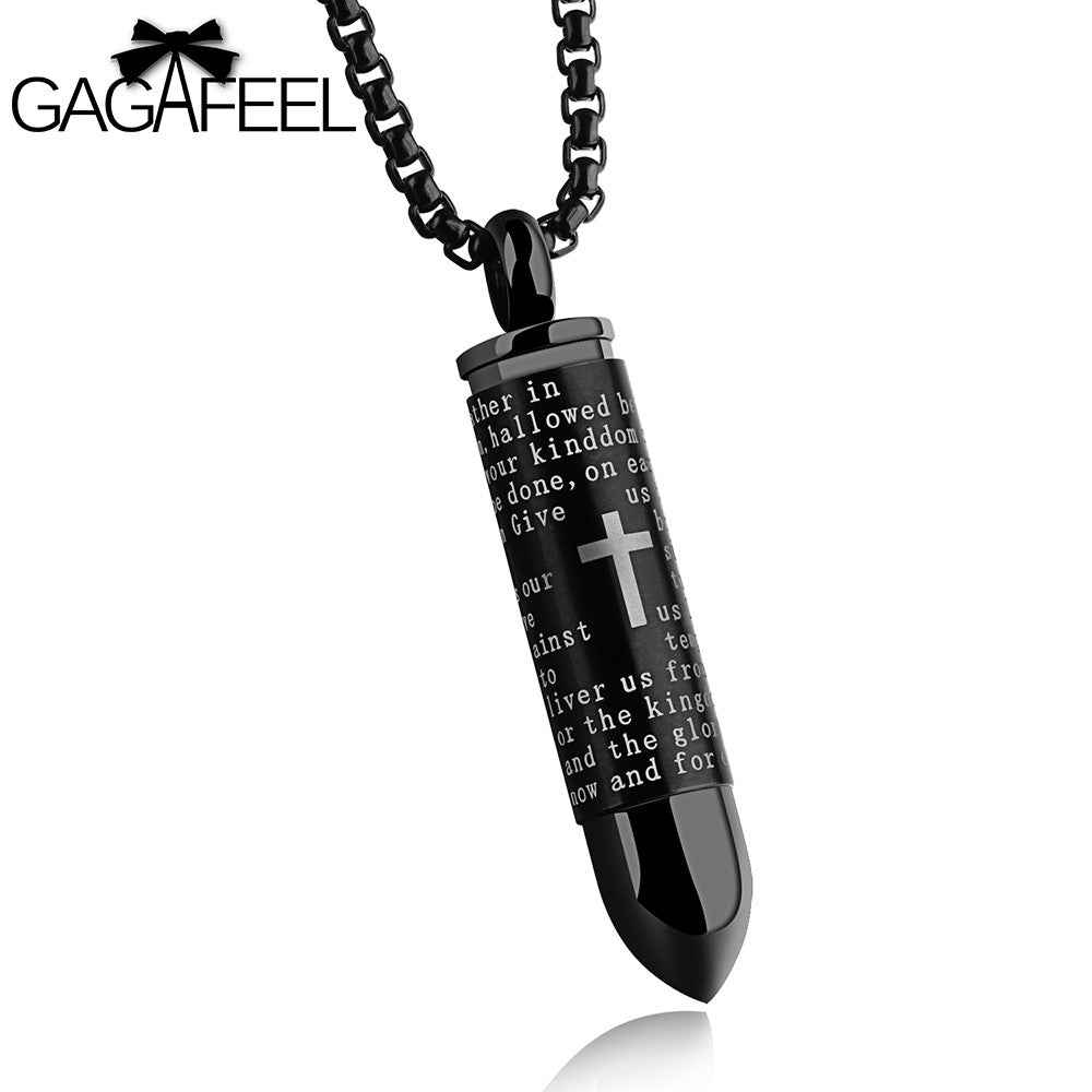 GAGAFEEL Men Necklace Bullet Pendant Stainless Steel Male Skull Necklaces Cross Chain Bible Christian Jewelry Punk Rock Style