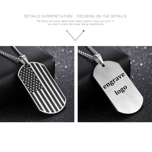 AZIZBEKKAOUI Engrave ID Pendant Necklace American Flag USA Patriot Freedom Stars and Stripes Dog Tag Stainless Steel Men Jewelry
