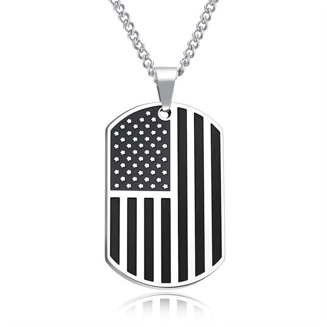 AZIZBEKKAOUI Engrave ID Pendant Necklace American Flag USA Patriot Freedom Stars and Stripes Dog Tag Stainless Steel Men Jewelry