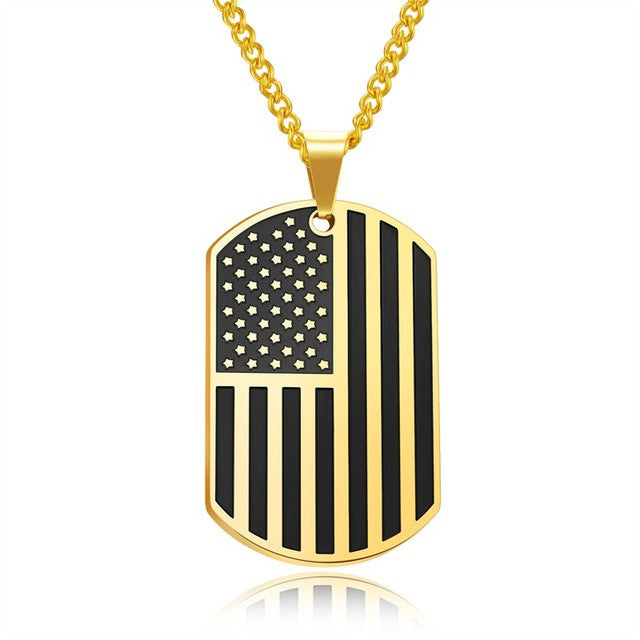 AZIZBEKKAOUI Engrave ID Pendant Necklace American Flag USA Patriot Freedom Stars and Stripes Dog Tag Stainless Steel Men Jewelry