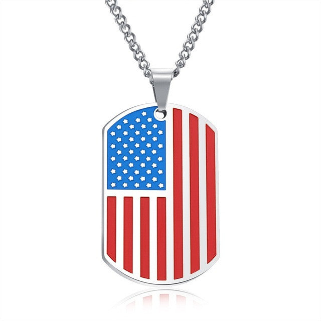 AZIZBEKKAOUI Engrave ID Pendant Necklace American Flag USA Patriot Freedom Stars and Stripes Dog Tag Stainless Steel Men Jewelry