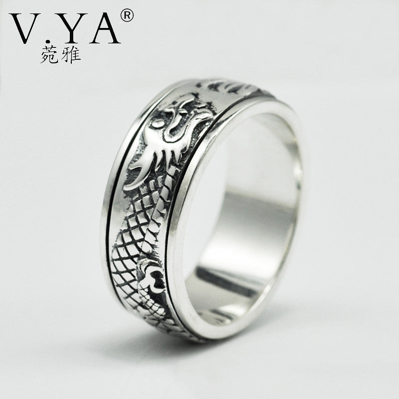 V.YA 925 Sterling Silver Dragon Rings for Men Big Size 13 Punk Retro Thai Silver Rotatable Rings for Women Black Punk Jewelry