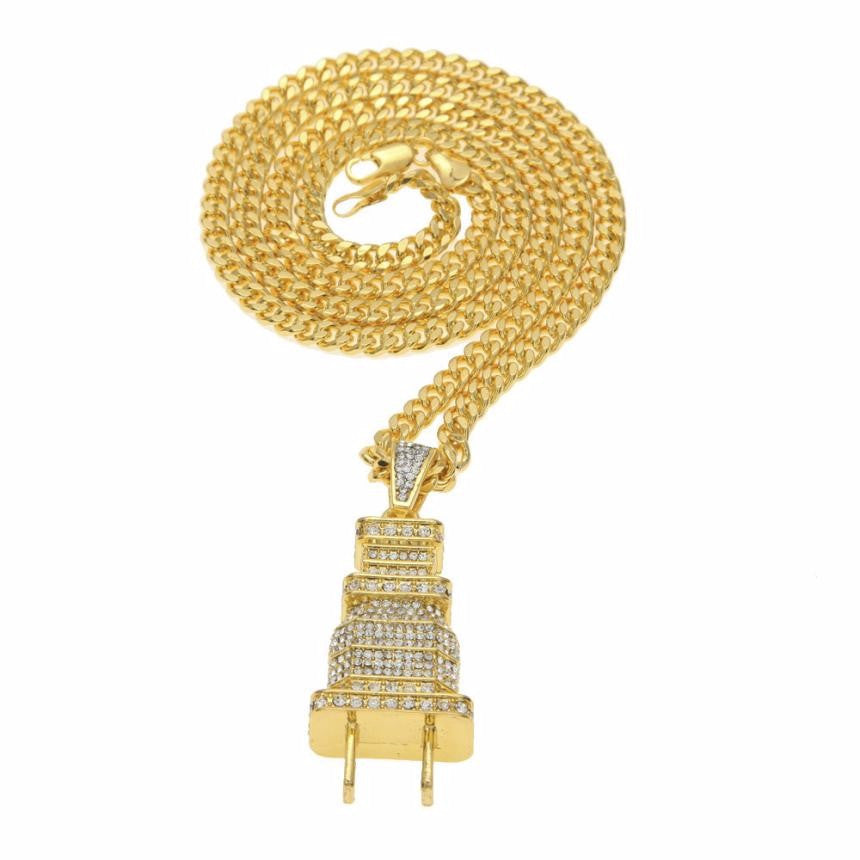 Plug Model Pendant Necklace Fully Lced Out Bling Power Plug Pendant Hip Hop Cuban Necklace Chain #GH45