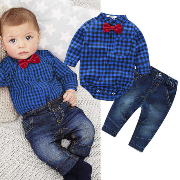 baby boys clothing set plaid rompers with bowtie + demin pants 2017 fashion baby boy clothes newborn baby clothes