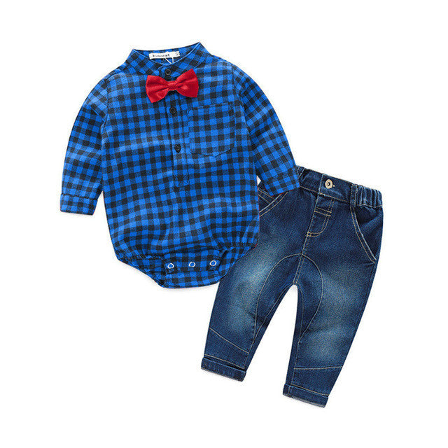 baby boys clothing set plaid rompers with bowtie + demin pants 2017 fashion baby boy clothes newborn baby clothes