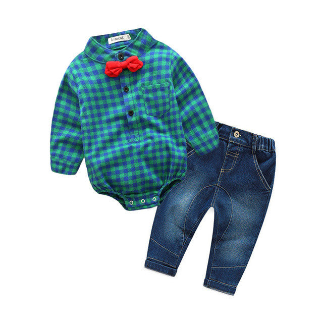 baby boys clothing set plaid rompers with bowtie + demin pants 2017 fashion baby boy clothes newborn baby clothes