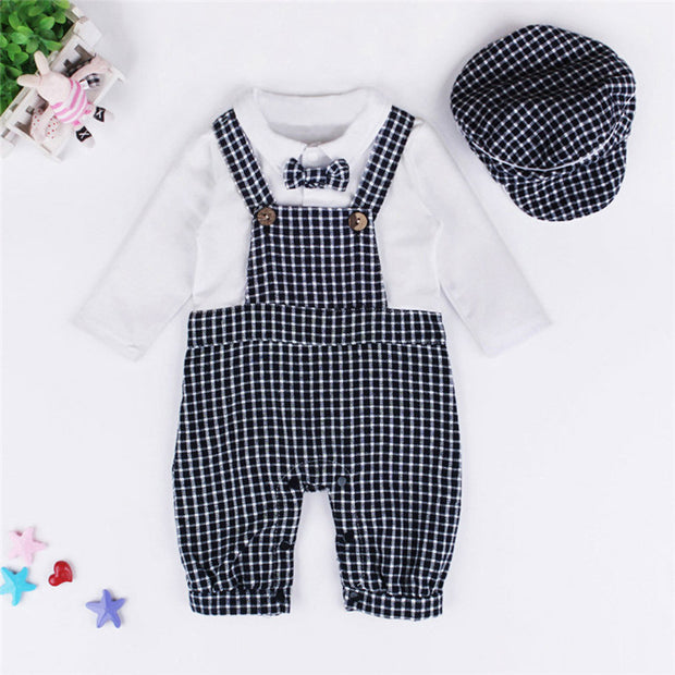 Newborn Rompers Jumpsuit Summer Baby Boys Lattice Gentleman Rompers+Cap Suits Sets Kids Clothes Outfits