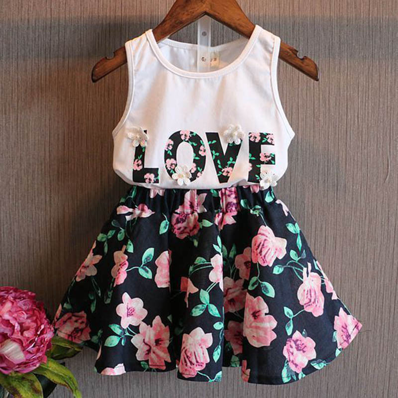 Girls Clothes School Skirts Flower Outfits 2pcs Children Toddler Kids Baby T Shirt Tops Vest + Floral Skirt Love Letter Clothes