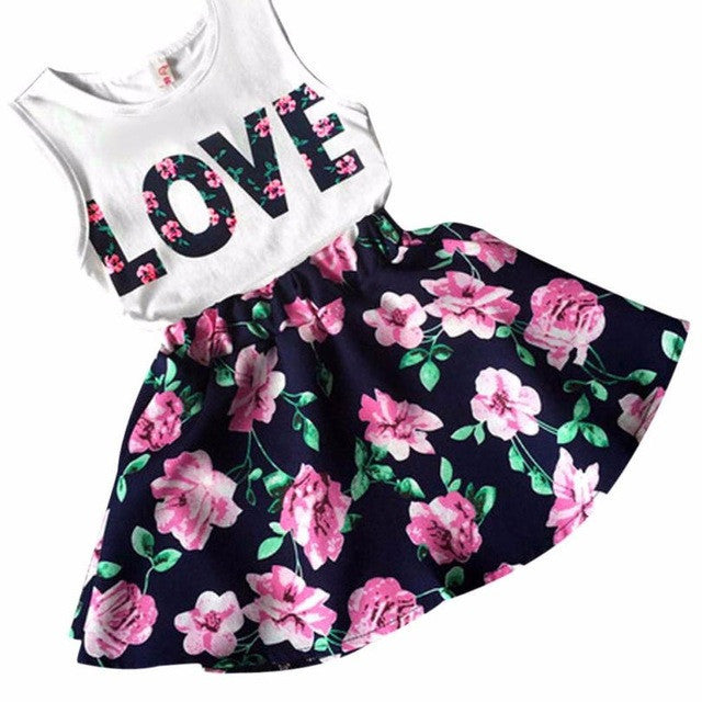 Girls Clothes School Skirts Flower Outfits 2pcs Children Toddler Kids Baby T Shirt Tops Vest + Floral Skirt Love Letter Clothes