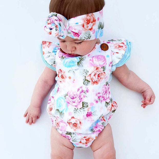 newborn baby boutique vintage floral romper jumpsuit Girl Bloomer Ruffle Romper Kids clothes matched headband