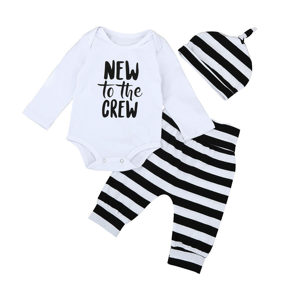 3PCS Autumn Spring Newborn Baby Boys Girls Long Sleeve Letter Tops Romper+Striped Long Pants Hat Outfits Set Christmas Clothes