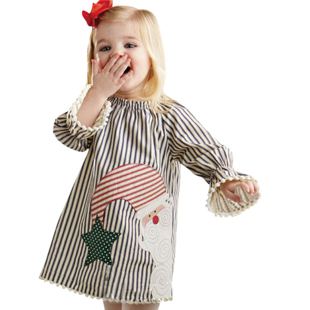 2017 New Christmas Santa Claus Kids Baby Girls Clothes Tops Tutu Dress Striped Princess Dress