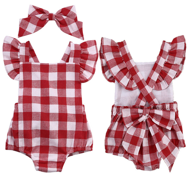 Baby Girl Clothes Rompers 2017 Summer Cute Kids Baby Plaid Rompers+Headscarf set Newborn Toddler jumpsuit infantil baby costume