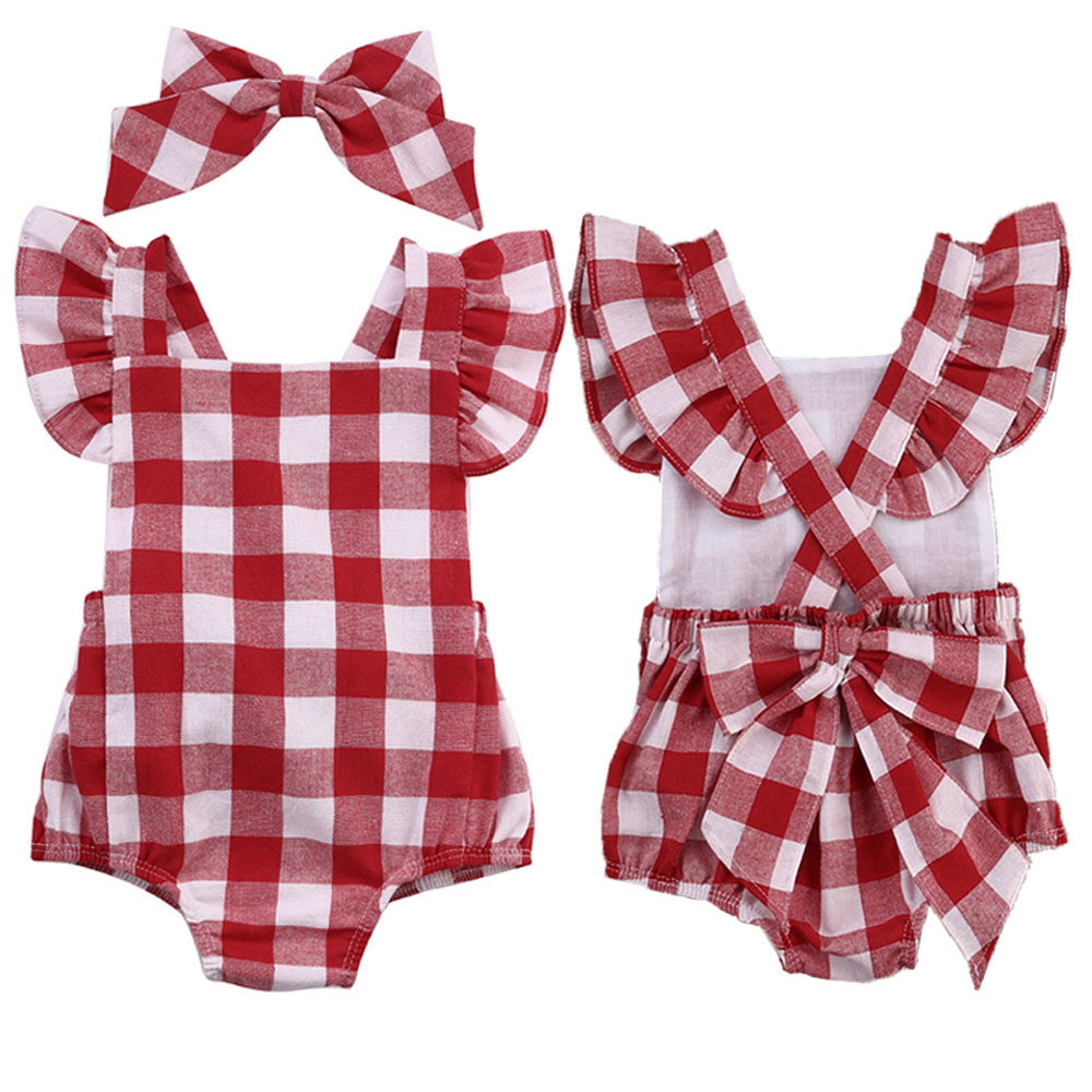 Baby Girl Clothes Rompers 2017 Summer Cute Kids Baby Plaid Rompers+Headscarf set Newborn Toddler jumpsuit infantil baby costume