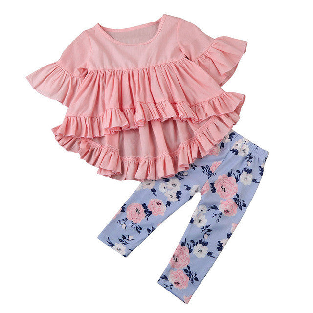 2pcs Ruffle Long Sleeve Fold T-shirt Floral Print Pants New 2017 Newborn Baby Girls Clothes Leggings 2pcs Outfits Clothes Set