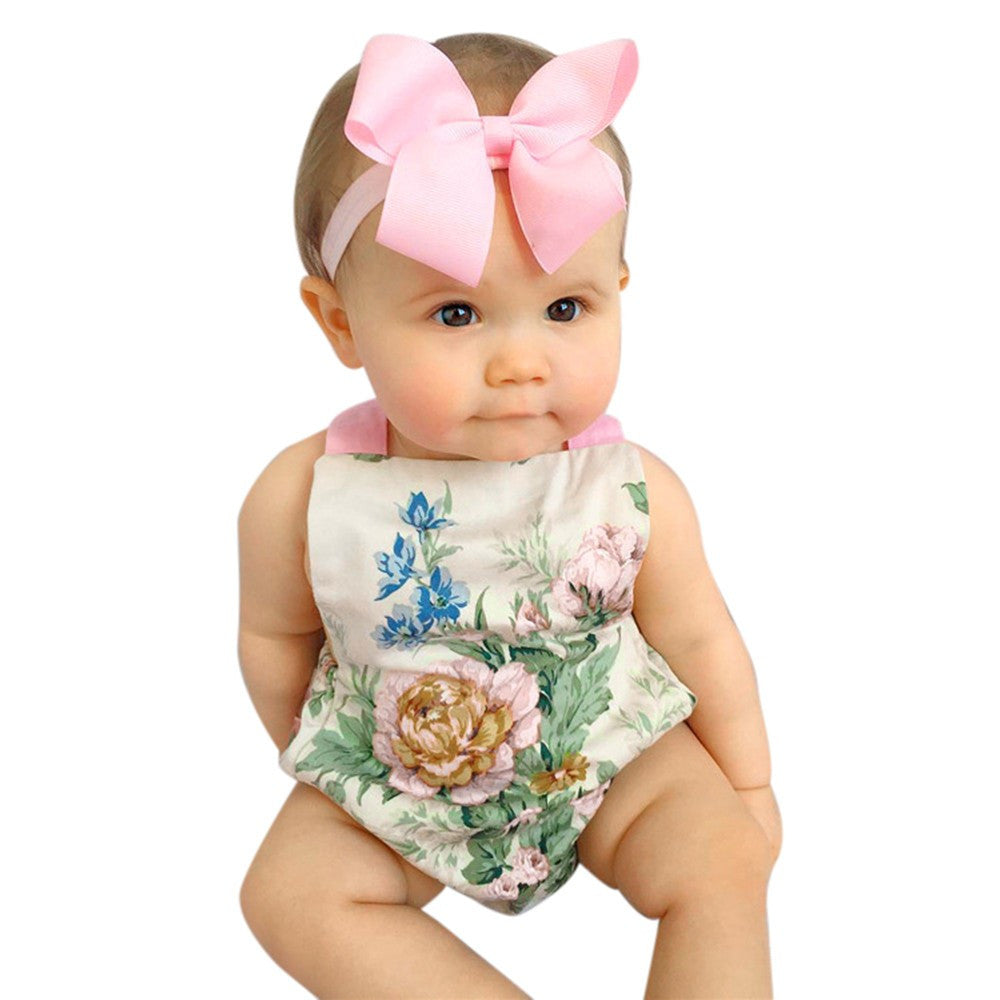 2Pcs/Set Baby Kids Girl's Sleeveless Floral Printed Playsuit Jumpsuit Rompers One-Pieces +Headband