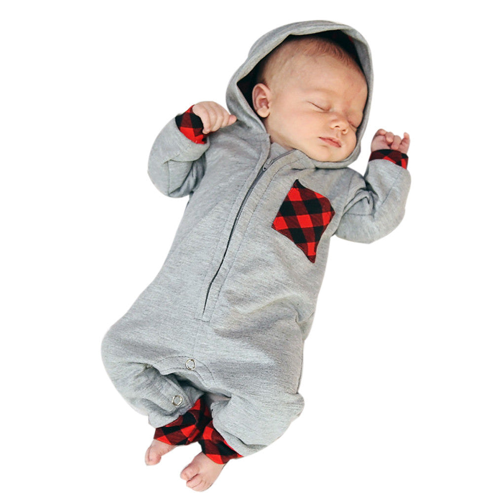 2017 New Fashion Newborn Baby Boy Girl Clothes Zipper Hooded Romper Gary Plaid Rompers Jumpsuit One Pieces Bebes Warm Suit