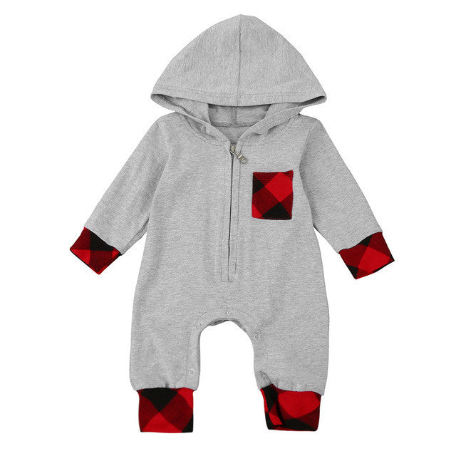 2017 New Fashion Newborn Baby Boy Girl Clothes Zipper Hooded Romper Gary Plaid Rompers Jumpsuit One Pieces Bebes Warm Suit