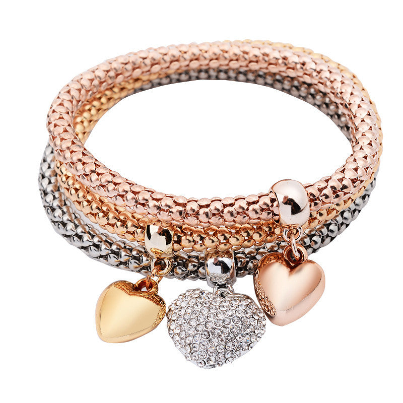 3Pcs Women Charm Pulseiras Heart Pendant Bracelet Fashion Multilayer Bracelet