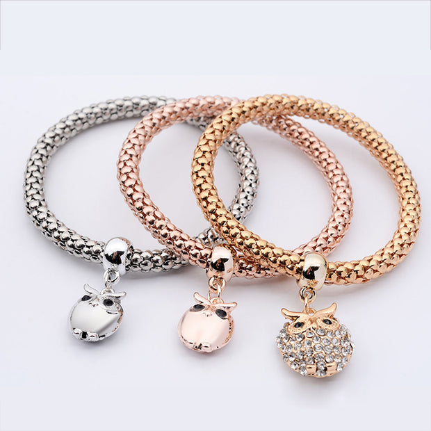 3Pcs Women Girl Charm Rhinestone Owl Pendant Bracelet Multilayer Bracelet