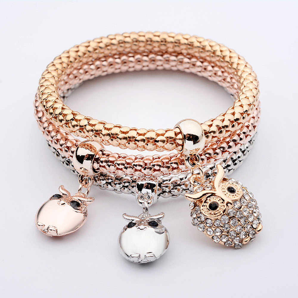 3Pcs Women Girl Charm Rhinestone Owl Pendant Bracelet Multilayer Bracelet