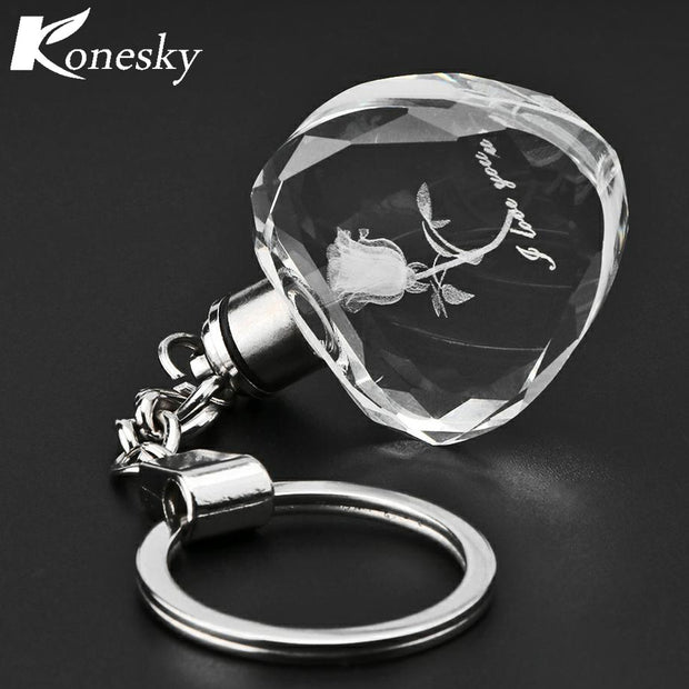 Fairy Crystal Rose LED Light Keychain Love Heart Key Chain Ring Keyring