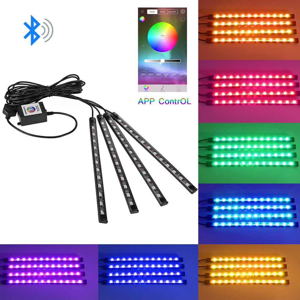 4pcs Bluetooth Car Interior USB RGB LED Strip Light Phone APP Control Flexible Atmosphere Lamp Kit Foot Lamp Decorative Voice/Music Control Timing for Android iOS