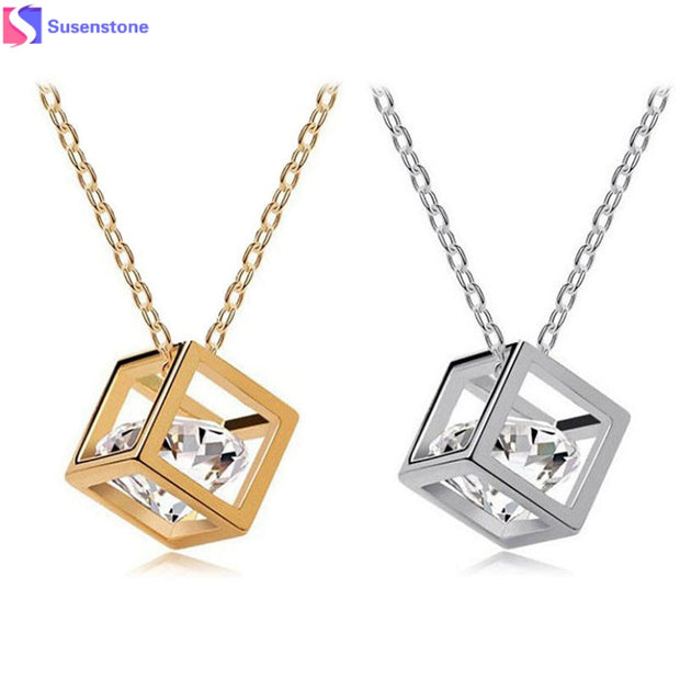 SUSENSTONE Women Chain Crystal Rhinestone Square Pendant Alloy Necklace Jewelry