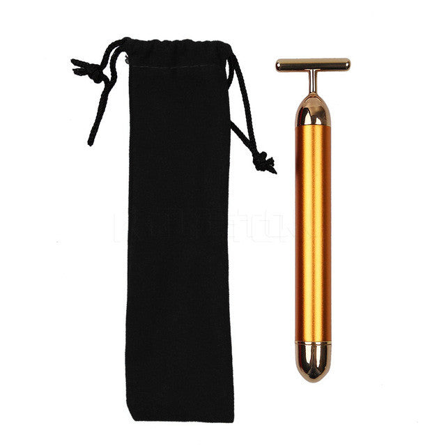 Slimming Face 24k Gold Vibration Facial Beauty Roller Massager Stick Lift Skin Tightening Wrinkle Bar Face with Black Bag