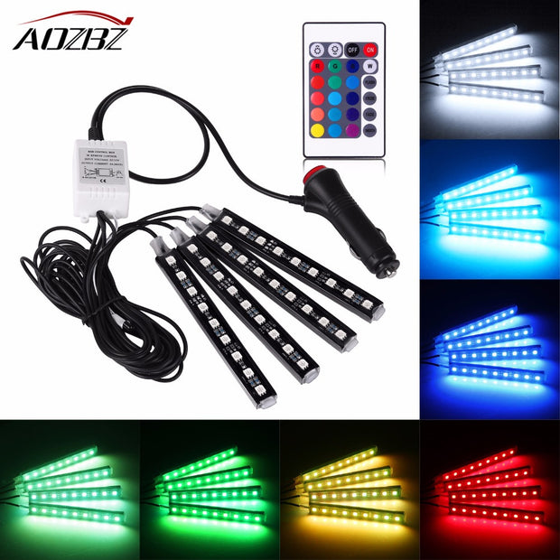 4Pcs Flexible RGB LED Strip Light Multi Color Atmosphere Decorative Lamp Car Interior Light With Remote Control